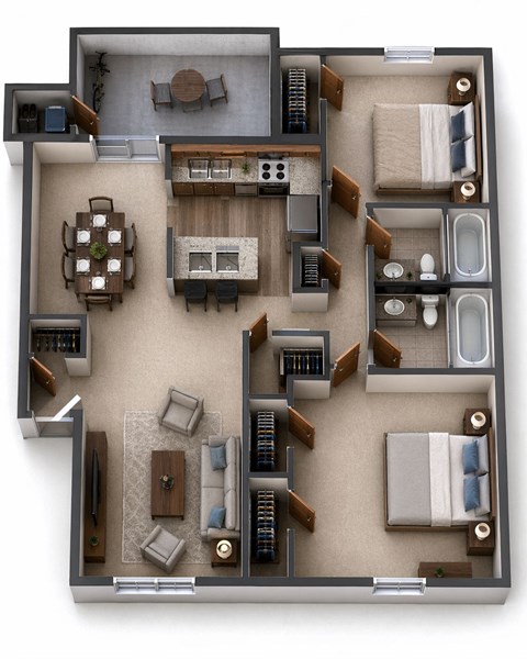 Floor plan for 2 beds, 2 baths, 1365 sqft